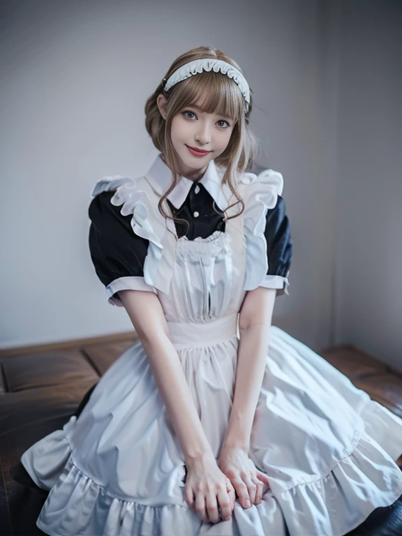 8K,Masterpiece,One woman,maid,Smile,30 years old,blue eyes,Blonde Hair,Short Bob Hair,Ella Freya, a beautiful Dutch YouTuber（Ella Freya),Thin and beautiful fingers