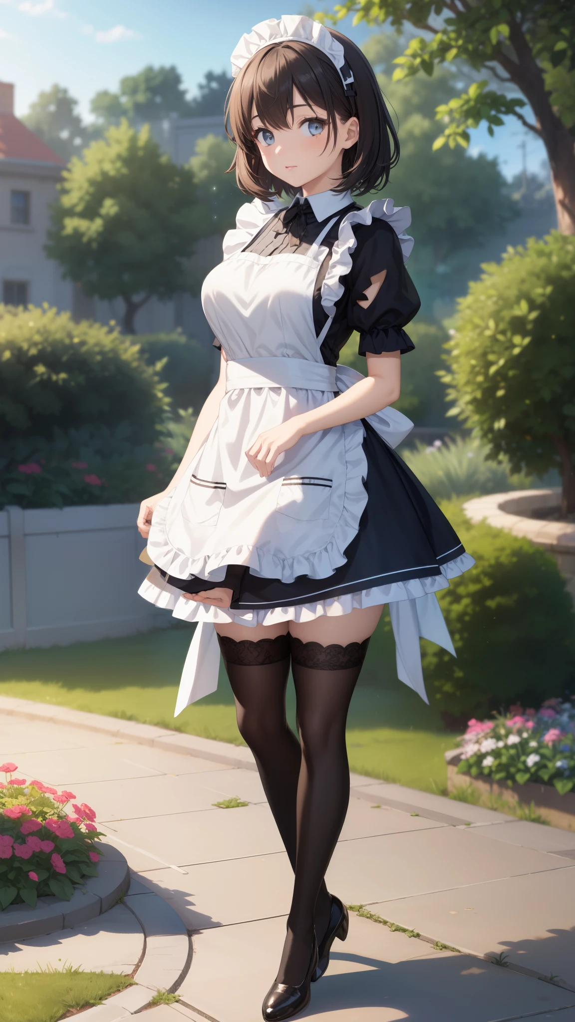 1girl, natural lighting, masterpiece, highly detailed, illustration, game CG, absurdres, high quality, aichan, large breasts, garden, maid, short puffy sleeves, small maid apron, thigh highs, 