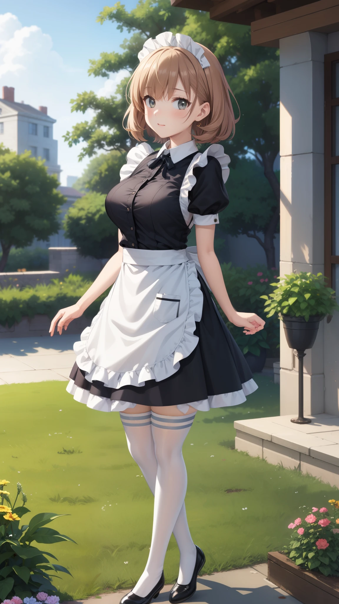 1girl, natural lighting, masterpiece, highly detailed, illustration, game CG, absurdres, high quality, aichan, large breasts, garden, maid, short puffy sleeves, small maid apron, thigh highs, 