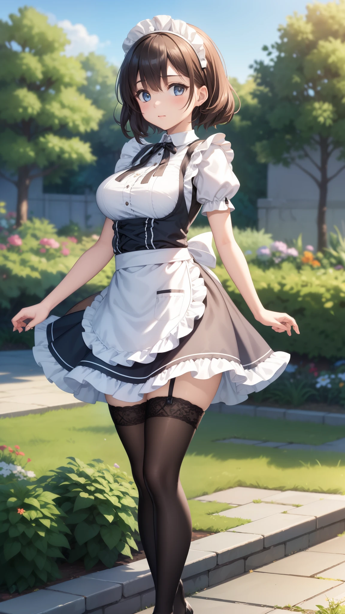 1girl, natural lighting, masterpiece, highly detailed, illustration, game CG, absurdres, high quality, aichan, large breasts, garden, maid, short puffy sleeves, small maid apron, thigh highs, 