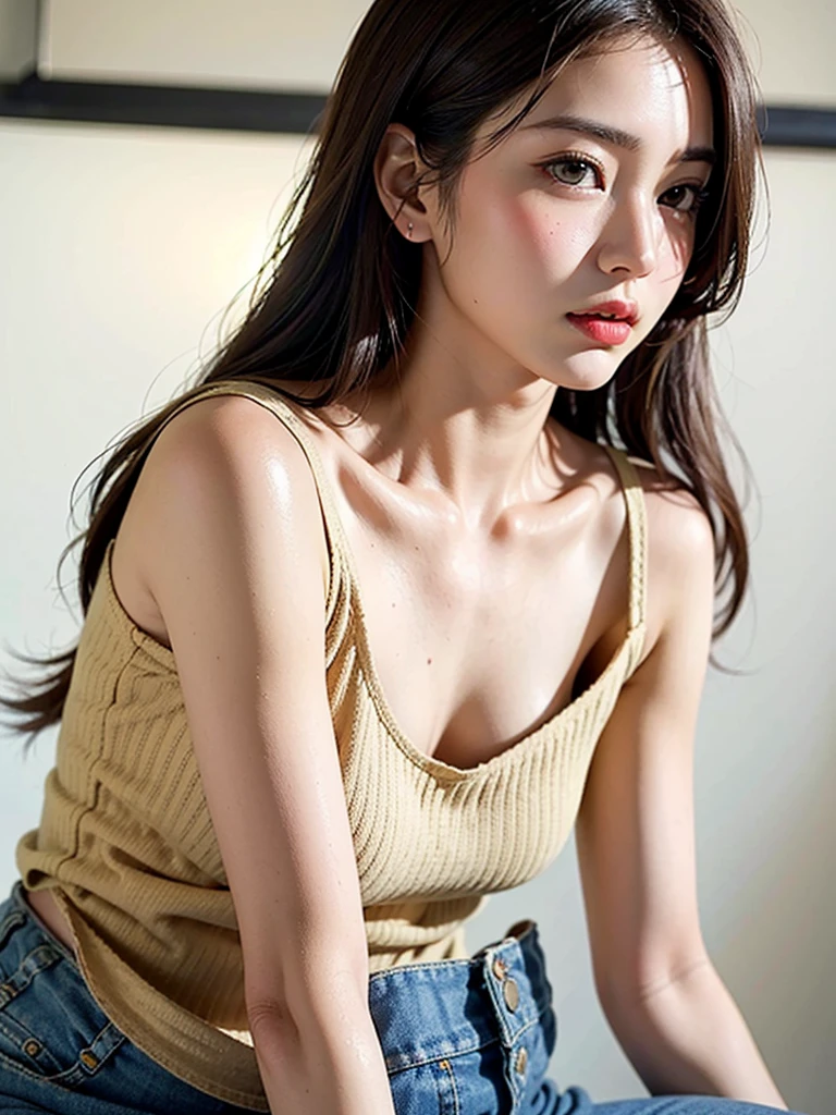 Fashion trendy beautiful and charming woman, gentle and charming Chinese beautiful woman, delicate and sexy collarbone, charming oval face, double eyelids, smart peach blossom eyes, pink lips, small nose, bare shoulders, focus on the face, close-up of the face, Ultra-high-definition, super-detailed, full-body photo, ultra-thin and light-transmitting, with this light blue denim skirt and beige T-shirt, the gentle light-colored matching makes the skin white and beautiful, and the temperament is outstanding, plus the whole matching is elastic The combination also shows the figure, and can be seen through