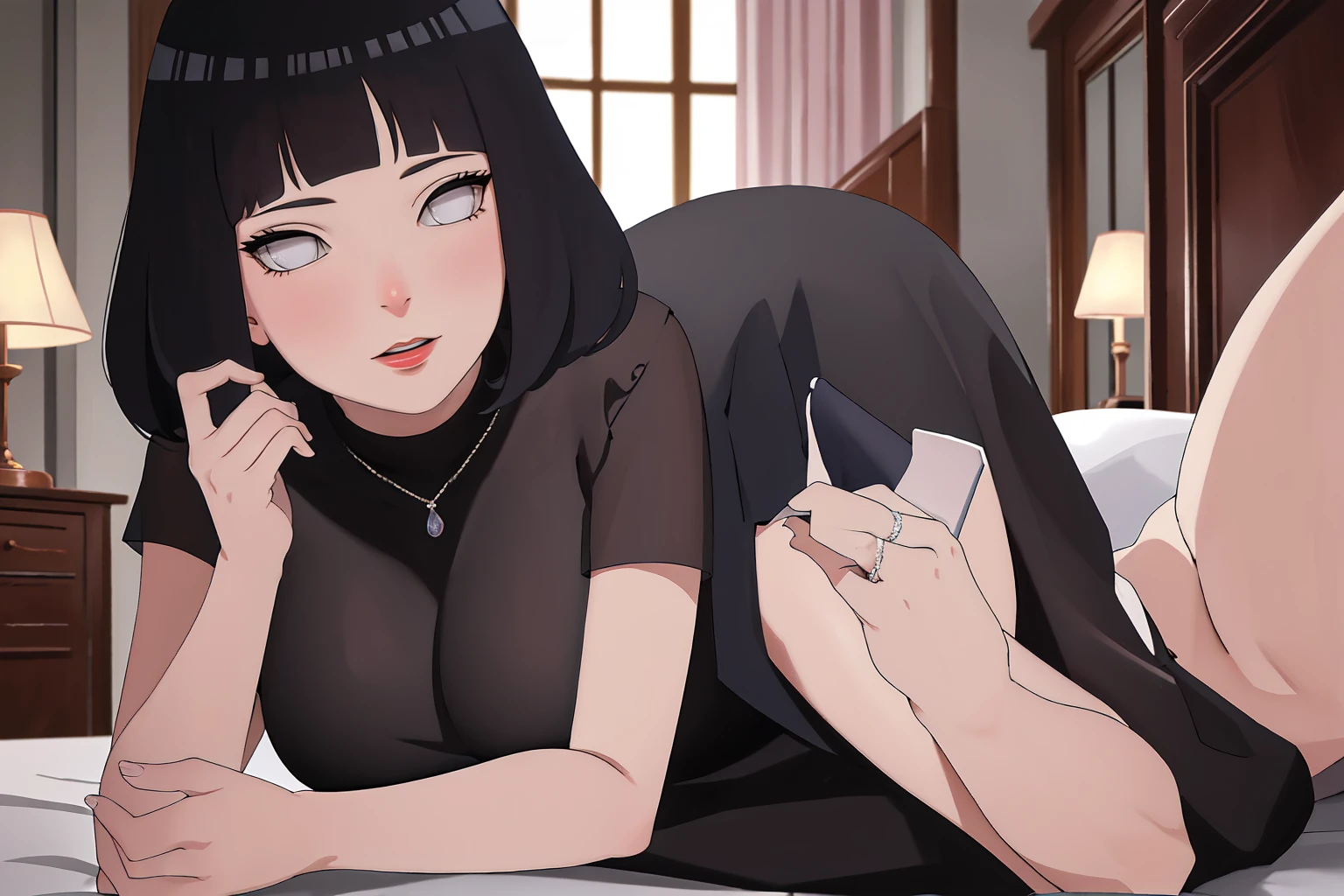 (Masterpiece - Ultra-Detailed, High Resolution) Prepare to be enchanted by a true masterpiece that combines ultra-detailed art with high-resolution rendering. This work shows a mesmerizing woman, with short, light black hair, 1950s style, Hinata (1.3) and captivating dark brown eyes (1.2), New York illustration style, wearing (red lipstick), emanating an aura of elegance and mystery. Wearing classic 1950s clothing. sexy. Intricate details and realistic textures invite you to explore every aspect of this enchanting composition. Black dress. Laying on the bed, dynamic poses, mouth closed. Different posture. . Get ready to dive into a world where beauty and craftsmanship merge perfectly.