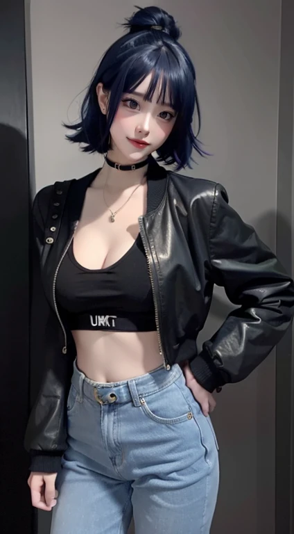 8K, hyper realisitc, tmasterpiece, Best quality at best, ultra - detailed, A high resolution, Random background, 1个Giant Breast Girl (:1.5), black bikini, soft jacket, short jean pant, Willow waist, Wide hips, knees, the night , 's, choker necklace, 耳Nipple Ring