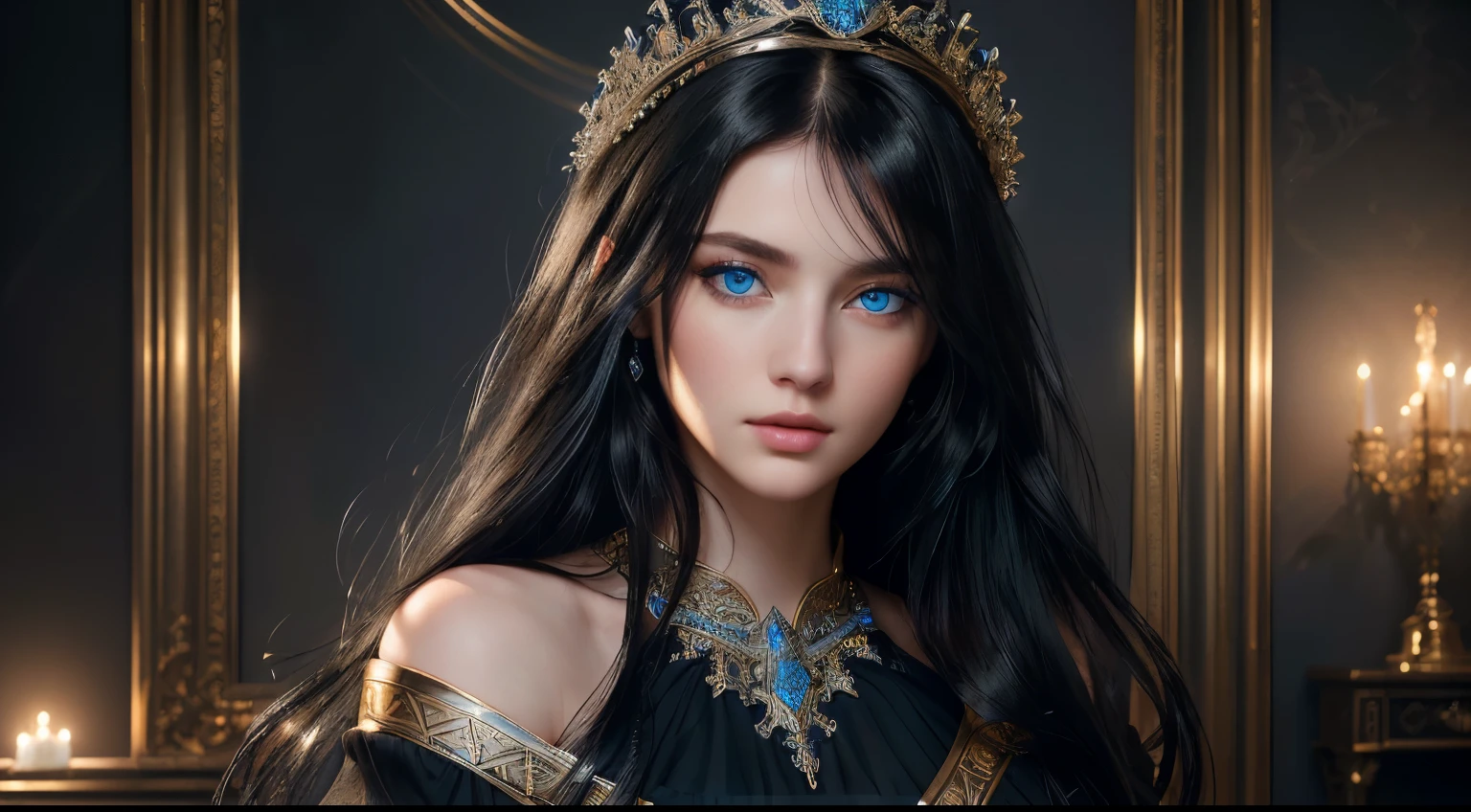 true masterpiece, a beautiful gorgeous fairy princess woman, dark blue hair, dark blue eyes, symmetrical eyes, detailed eyes, high quality eyes, perfect eyes, dark blue dress, perfect face, dark blue eyeshadow makeup on her eyes, eyeliner, very long beautiful eyelashes, dark blue necklacke, dark blue tiara on her head, high quality face, gentle face, realistic, photorealistic, shiny skin, (masterpiece:1.5), concept art, intricate details, highly detailed, octane render, 8k, unreal engine, dynamic pose, best quality, highres, pale skin, beautiful makeup, stunning beauty, very long eyelashes, 32k, high dynamic range, ultra realistic, highly detailed, high definition, extraordinary, stunning, beautiful, serene, normal proportions, perfect anatomy, realistic face, realistic eyes, highly detailed face, highly detailed body, high details, intricate clothing, glowing shadows, beautiful gradient, depth of field, clean image, extremely detailed face, highly detailed background, perfection, dreamy, gentle face, flowing, bright, bright background, sparkles in background, rays of light, plump lips, dazzling eyes, foreground, top of her dress is visible