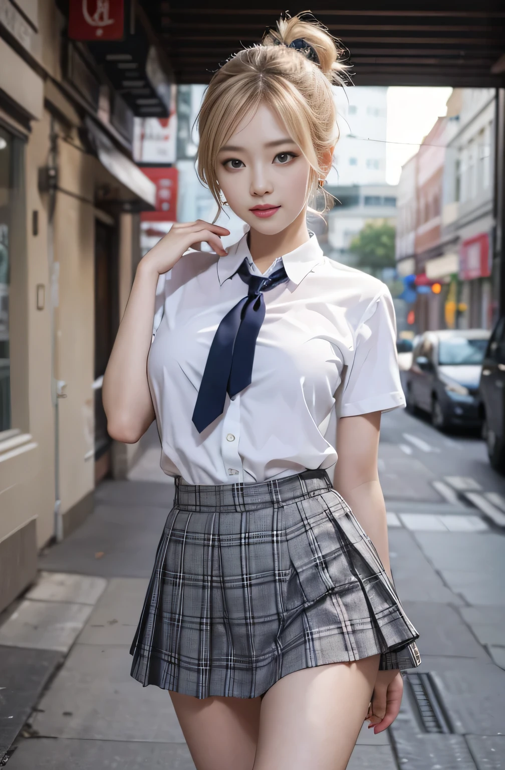 Gray eyes, Korean , Summer shirts, Ribbon Tie, skirt, Bright Blonde, Chest push pose,, 8K original image, high resolution, 16 year old Korean guy is so handsome, round, Full breasts, Beautiful eye details, Long eyelashes, Beautiful double eyelids, Eyeshadow, Eyeliner, Slender eyes, Elongate the eye shape, Three white eyes, Evil smile, Express, Very beautiful and long legs, Beautiful and slender thighs, random hit, hair tied behind the head, earrings,Random Location,Random Direction Photos,Random Clothing,Enlarged breasts,Random pose