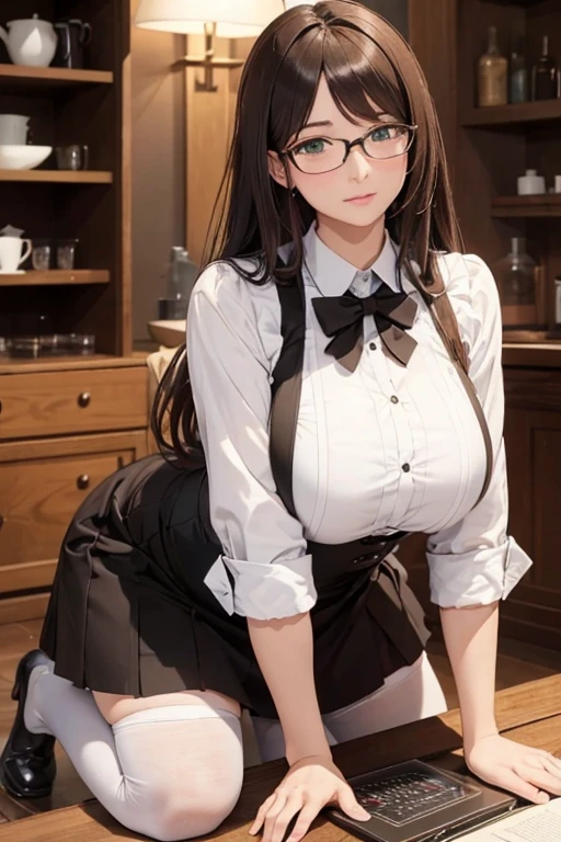 ((masterpiece)), (best quality:1.7), (detailed:1.4), (high res:1.4), 8k, (colorful:1.5), high resolution, sharped image, 4k, hd, (beautiful detailed background:1.2), (beautiful lighting:1.2), (highly detailed:1.2), perfect lighting, (8k wallpaper:1.2), (highly detailed:1.2), (extremely detailed CG:1.2), ((dark brown medium long straight hair with bangs covering an eye)), (hair bangs covering one eye), ((only dark brown hair)), ((busty)), curvy figure, (((hazel-green eyes))), maid uniform, glasses, mature, (((30 year old))), human adult, tall, fullbody
