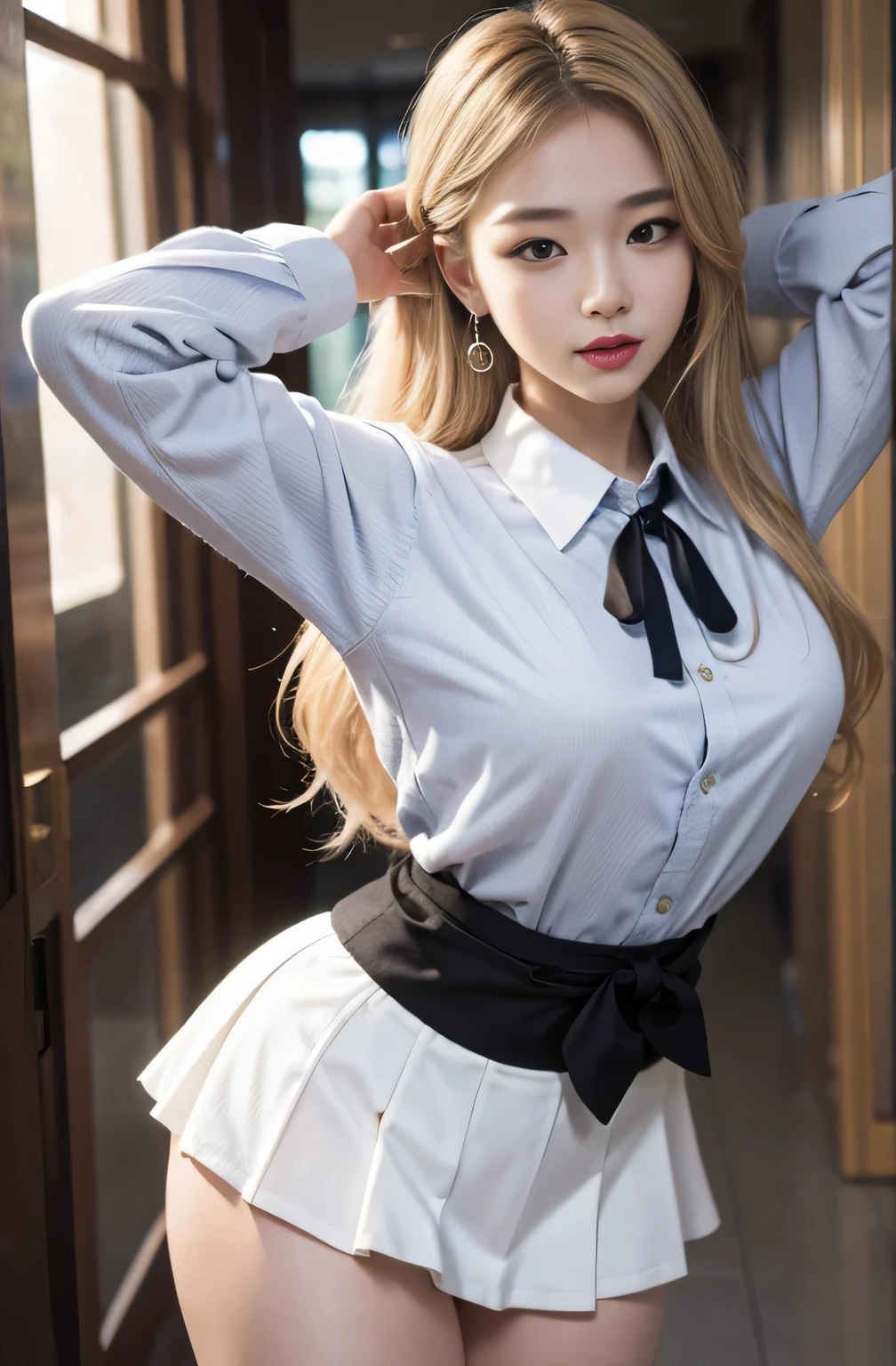 Gray eyes, Korean , Summer shirts, Ribbon Tie, skirt, Bright Blonde,  Chest push pose,, 8K original image, high resolution, 16 year old Korean guy is so handsome, round, Full breasts, Beautiful eye details, Long eyelashes, Beautiful double eyelids, Eyeshadow, Eyeliner, Slender eyes, Elongate the eye shape, Three white eyes, Evil smile, Express, Very beautiful and long legs, Beautiful and slender thighs, random hit, hair tied behind the head, earrings,Random Location，Random Direction Photos，Random Clothing，Enlarged breasts，Random pose
