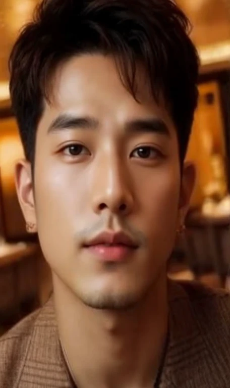 handsome young Korean actor, curly blonde hair, green eyes