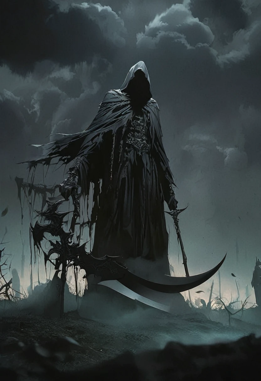 (best quality,highres),detailed reaper with scythe,ominous atmosphere,dark fantasy,gothic style,heavy shadows,misty fog,moonlit night,rustling leaves,sinister presence,mysterious figure,sharp sickle,hooded cloak,ethereal glow,ominous sky,chilling wind,ominous aura,gloomy setting,whispering echoes,haunting landscape,spectral beauty,color contrast,dramatic composition,spooky vibes,dark imagery.