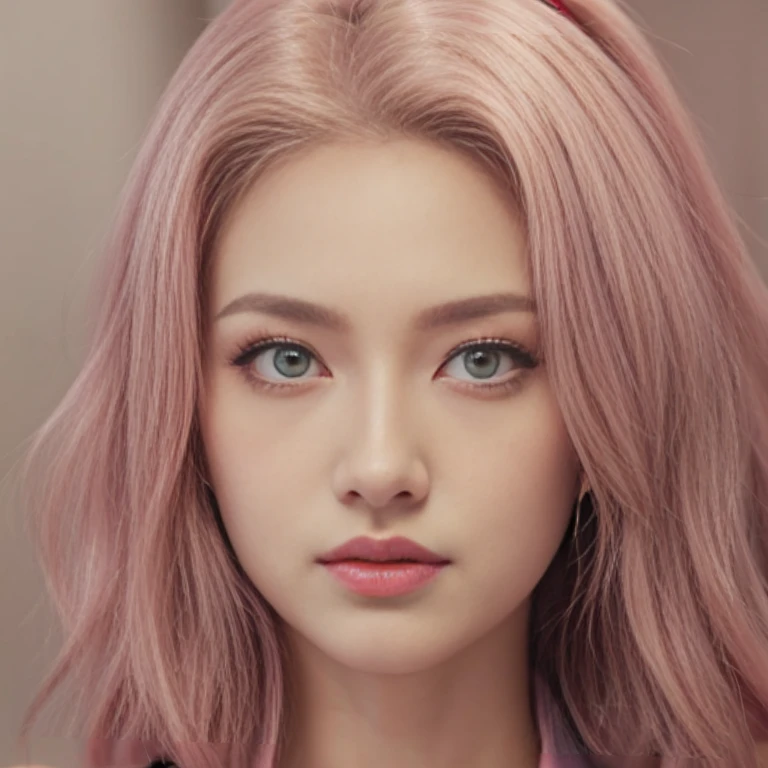 young woman, short shoulder-length pink hair, wide forehead, porcelain skin, pink eyebrows, big emerald green eyes, buttoned nose, full lips, heart-shaped face, slender body, small breasts, red tank top, Sakura Haruno , realistic, realism, details, 3d, well detailed