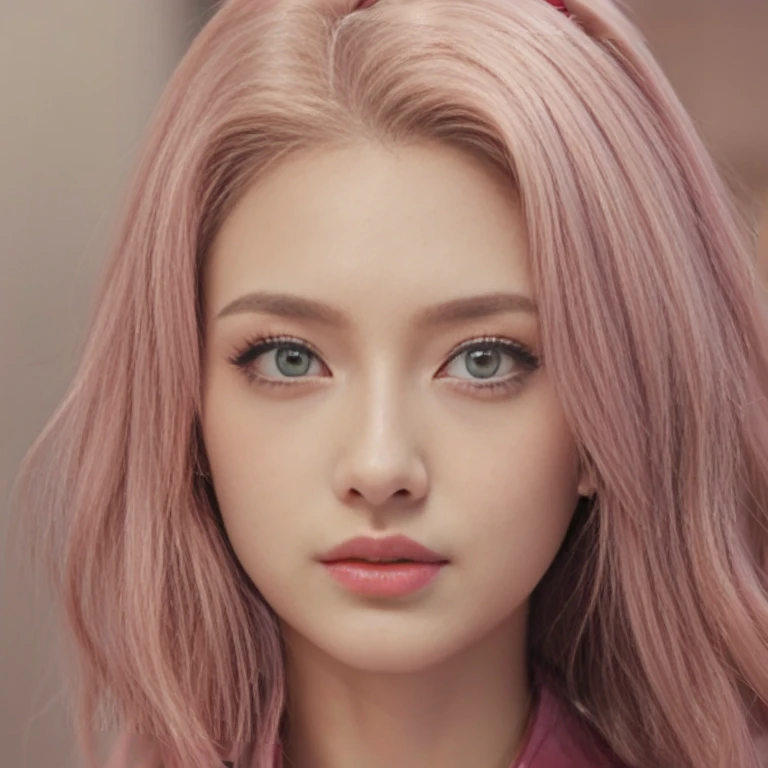 young woman, short shoulder-length pink hair, wide forehead, porcelain skin, pink eyebrows, big emerald green eyes, buttoned nose, full lips, heart-shaped face, slender body, small breasts, red tank top, Sakura Haruno , realistic, realism, details, 3d, well detailed