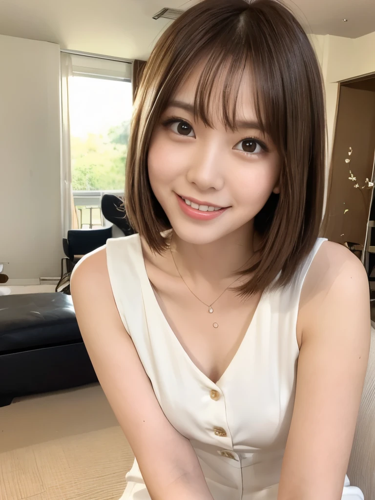 A beautiful Japanese shy girl, age 18 years old, short brown hair, brown big eyes, shiny lip, shiny hair, ecstatic expression, wearing sleeveless front button white blouse, The background is very blurry, in living room, wearing neckless, Leaning forward