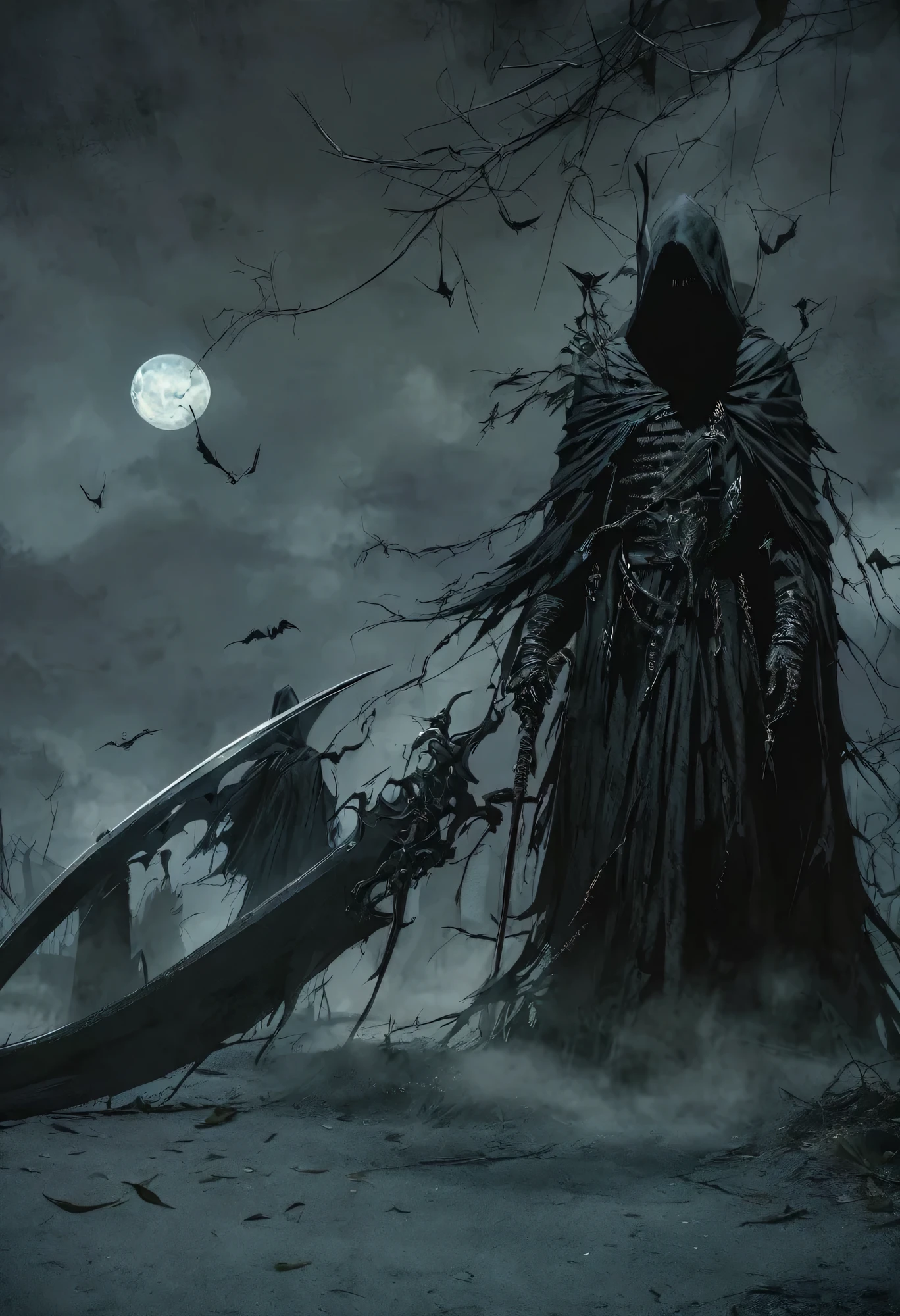 (best quality,highres),detailed reaper with scythe,ominous atmosphere,dark fantasy,gothic style,heavy shadows,misty fog,moonlit night,rustling leaves,sinister presence,mysterious figure,sharp sickle,hooded cloak,ethereal glow,ominous sky,chilling wind,ominous aura,gloomy setting,whispering echoes,haunting landscape,spectral beauty,color contrast,dramatic composition,spooky vibes,dark imagery.