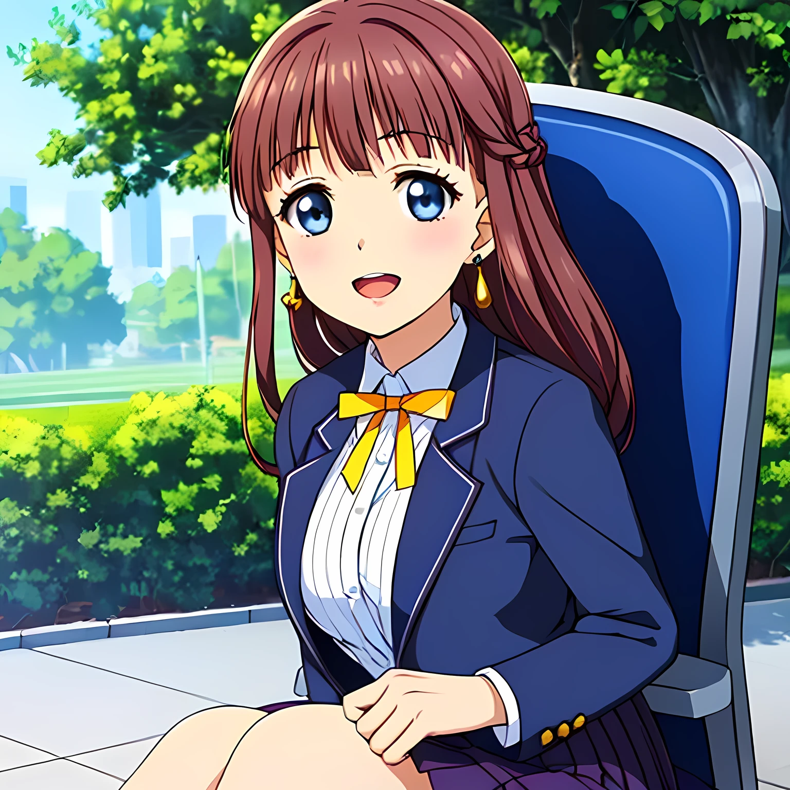 highest quality, (masterpiece:1.2), Very detailed, ((((Game CG)))), ((((A portrait by Renoir of a very noble lady in a , sitting in a chair, in profile.)))), ((The girl everyone loves)), (((((Very beautiful, wavy, long flaxen hair))))), ((((A rough textured dark navy blue blazer)))), ((((An elegant dark navy blue check skirt with a rough texture.)))), ((((Very beautiful and shining eyes)))), ((Very long eyelashes)), A big white ribbon on the chest, ((A refined and elegant look like a noble princess)), (((Beautiful and great smile))), ((Small face and great posture)), ((Give the viewer a heavenly feeling of happiness)), (((Blur the background))), ((Very noble and elegant face)), ((Slender and shapely breasts)), (((laughing at me with pity!))), The background is a wall covered in deep green ivy., Gold hair ornament and earrings, ((The elegant, slightly open mouth and glossy lips of an anime heroine)), A strong wind is blowing