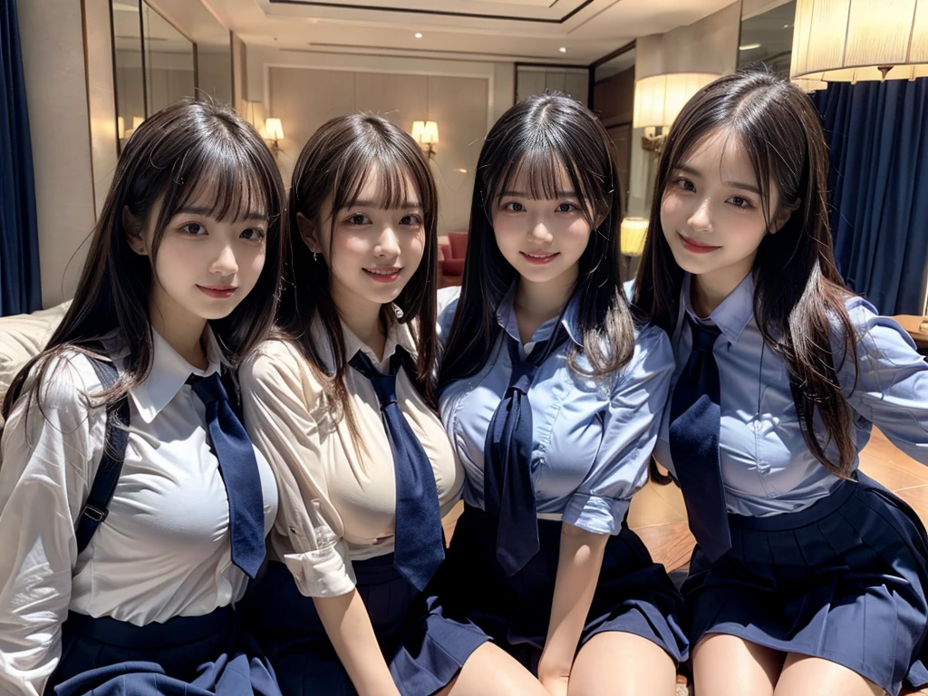 (8K, Raw photography, top-quality, masterpiece:1.2), ((3 beatiful girls))、.(Realistic Skins 1.4)、(((female high-school student、School Uniforms、)))、{{(The background is a luxury hotel room}}((School Uniforms、white Cutter shirt、darkblue pleatedskirt))、((long hair))、(A dark-haired、The forehead is hidden by bangs、)、Black eyes、shinny skin.Beautiful delicate face、Beautiful delicate eyes、{Voluptuous body shape、Thicker thighs}、One piercing in each ear、((smile:1.3)),((large breasts)), ((navy blue tie)) ,looking at camera, ((close up))