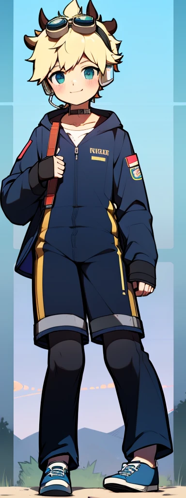 Second dimension boy teenager,One-piece mountaineering suit,horn,Cow ears,Put the headphones on your head,stand up,goggles,sports shoes,Slim,Sailor collar,White knee socks,Short sleeve shorts,Leg ring,cute,happy