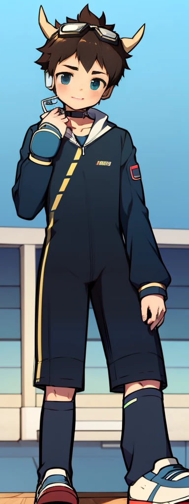 Second dimension boy teenager，One-piece mountaineering suit，horn，Cow ears，Put the headphones on your head，stand up，goggles，sports shoes，Slim，Sailor collar，White knee socks，Short sleeve shorts，Leg ring，cute，happy
