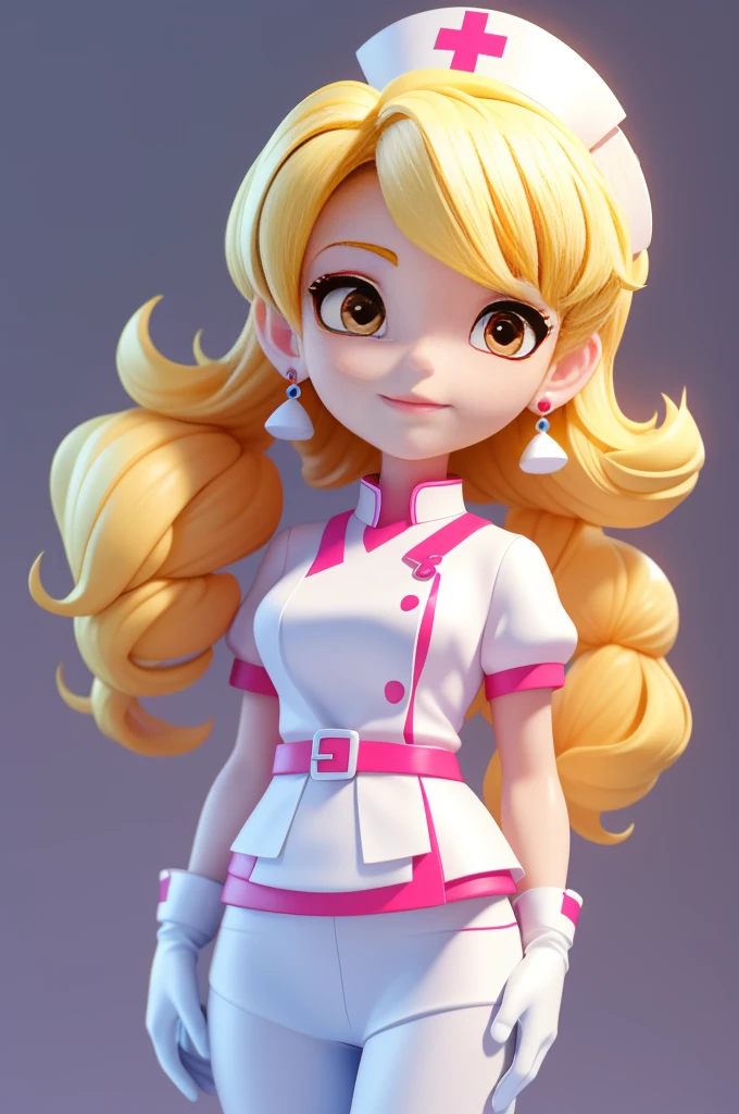 3dcharacter,Stud earrings,(full bodyesbian:1.2),Simple background, Masterpiece,Best quality,(white backgrounid:1.1), tmasterpiece,Best quality at best,Blonde female nurse,Wear gloves in the hospital,white nurse outfit