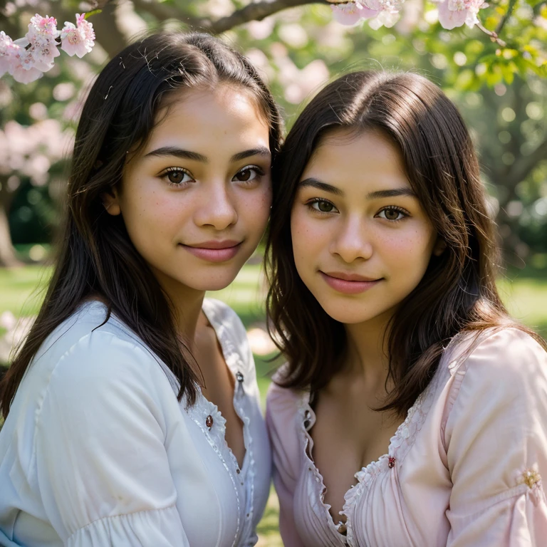 Photorealistic, ultra-detailed, Stunning twin siblings, family portrait, Solo, sitting on a park bench, under the shade of trees, bright day, spring, colorful blooms all around, capturing the essence of life, mixed ethnicity, brown eyes, 15 years old, cheerful, showcasing traditional Colombian clothing, sharp focus, detailed skin texture, realistic skin tone, captivating smiles, shot on Canon, 50mm, shallow depth of field, warm and inviting color palette, perfectly capturing their father's German heritage and mother's Colombian roots, photography_\(ultra\), Photorealistic, Realistic, Post-processing