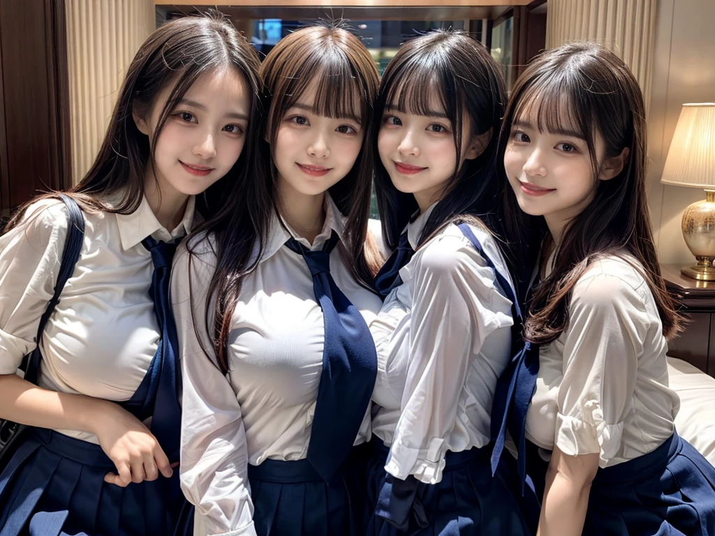 (8K, Raw photography, top-quality, ​masterpiece:1.2),  ((3 beatiful girls))、.（Realistic Skins 1.4）、（（（female high-school student、School Uniforms、）））、{{‎(The background is a luxury hotel room}}（（School Uniforms、white Cutter shirt、darkblue pleatedskirt))、（(long hair)）、（A dark-haired、The forehead is hidden by bangs、）、Black eyes、shinny skin.Beautiful delicate face、Beautiful delicate eyes、｛Voluptuous body shape、Thicker thighs｝、One piercing in each ear、((smile:1.3)),((large breasts)), ((navy blue tie)) ,looking at camera, ((close up))