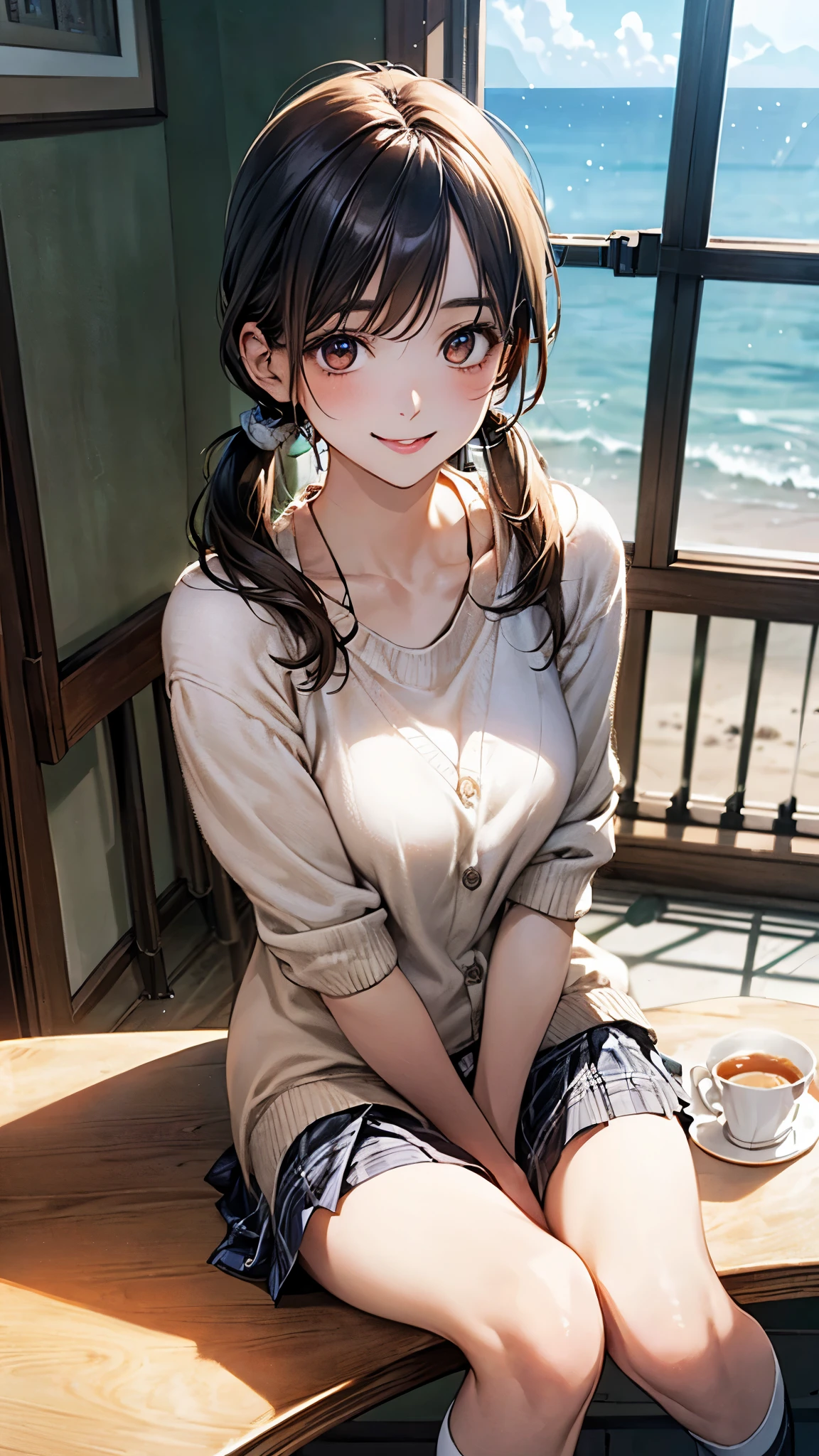 girl,Character design sheet,Beautiful attention to detail,Beautiful lip detail,Very detailed目と顔,Long eyelashes,Realistic,photoRealistic:1.37,Very detailed,Professional,Vibrant colors,Studio Lighting,Sharp focus,Physically Based Rendering,High resolution,超High resolution. blue eyes,Big eyes, Long Hair,Curly hair、Black Hair,Red cheeks,Droopy eyes,Small breasts,Jacket,Red cardigan,White T-shirt,White long skirt,meal