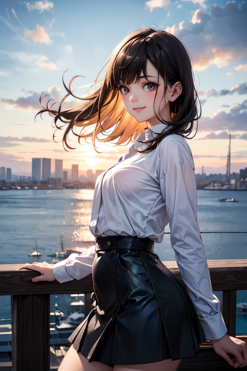 very cute and beautiful girl,(highly detailed beautiful face),
(smile),looking at viewer,long sleeve white shirt,cowboy shot,(darkblue high-waist flare skirt),
port town,slope way to harbor,cityscape overview,from hilltop,black hair,
(best quality,masterpiece),absurdres,highres,ultra-detailed,extremely detailed,32k,8k resolution,
intricate details,cinematic scene,detailed background,solo,dynamic angle,realistic,