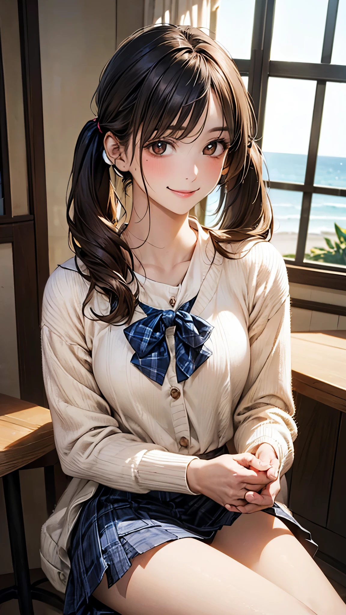 (masterpiece:1.2, top-quality), (realistic, photorealistic:1.4), beautiful illustration, (natural side lighting, movie lighting),
looking at viewer, dynamic angle, 1 girl, japanese, office worker, reception, perfect face, cute and symmetrical face, suntan, shiny skin,
(middle hair, low twintails, sidelocks, black hair), swept bangs, light brown eyes, long eye lasher, (medium breasts), slender,
beautiful hair, beautiful face, beautiful detailed eyes, beautiful clavicle, beautiful body, beautiful chest, beautiful thigh, beautiful legs, beautiful fingers,
white blouse, (beige cardigan:1.2) break zettai ryouiki, (blue plaid mini skirt:1.2),
(beautiful scenery), summer, (sitting on chair of cafe, cups of tea, sandwiches on plate, salad in bowl), window, ocean view, , (happy, smile:1.2),