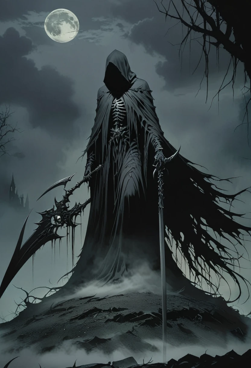 (best quality,highres),detailed reaper with scythe,ominous atmosphere,dark fantasy,gothic style,heavy shadows,misty fog,moonlit night,rustling leaves,sinister presence,mysterious figure,sharp sickle,hooded cloak,ethereal glow,ominous sky,chilling wind,ominous aura,gloomy setting,whispering echoes,haunting landscape,spectral beauty,color contrast,dramatic composition,spooky vibes,dark imagery.