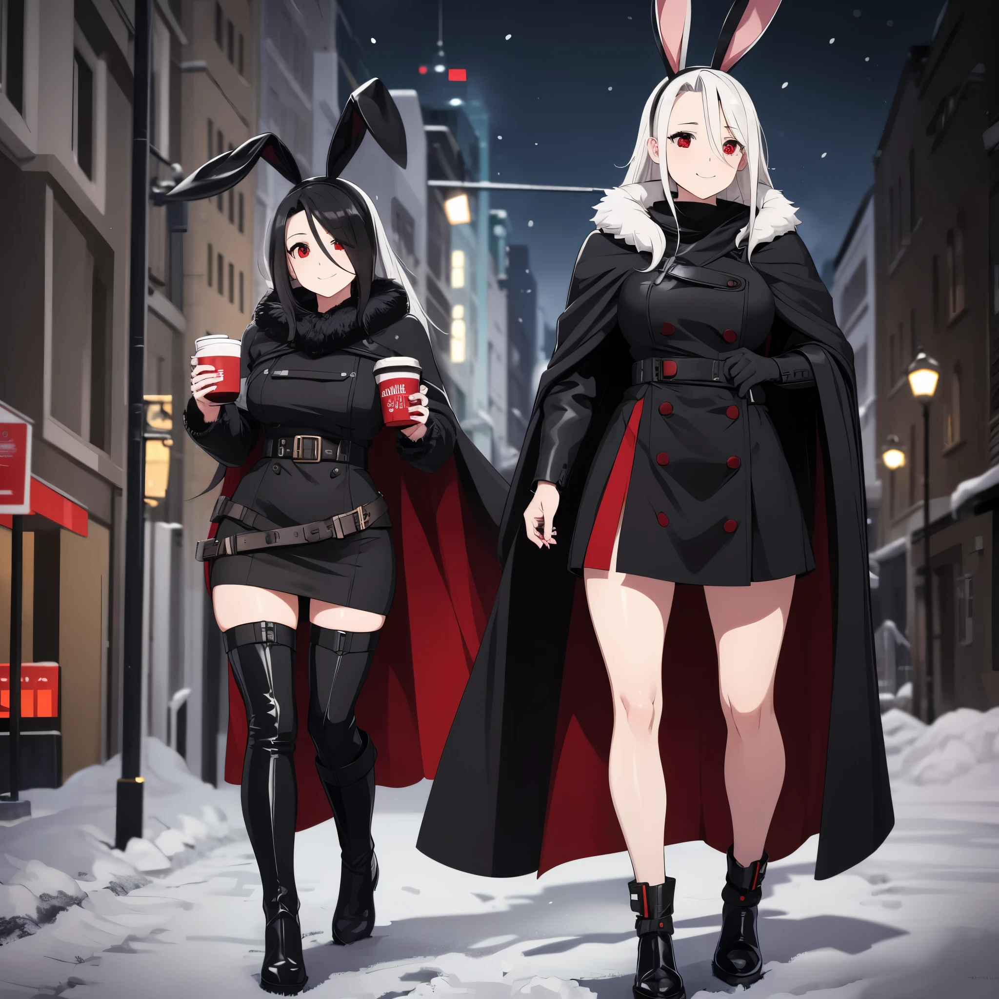 A woman wearing a black cold coat, long fur cape, black skirt, black leather boots, walking on a sidewalk covered in snow, snowy city, blurred background, night place, lighting place, holding a cup with hot chocolate, long white hair, red eyes, smiling, black rabbit ears,full body.( solo woman), glow, drop shadow, flower, UHD, masterpiece, accurate, anatomically correct, textured skin, super detail, high quality, best quality, 8k, high resolution, bokeh effect.
