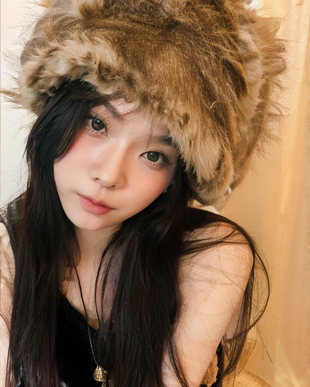 Asian girl with black dark hair. with a brown Russian ushanka on her head, big, pink lips, brown eyes looking at the camera
