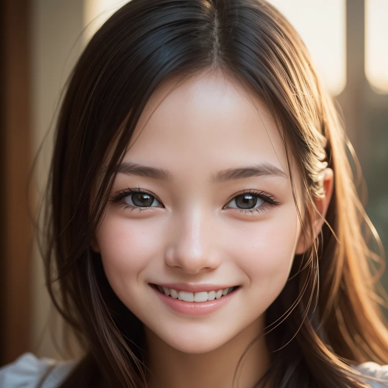extremely closeup of girl face, smiling, (grainy:0. 8), extremely detailed, (afternoon:1. 1), photorealistic, warm atmosphere, natural lighting, (solo:1. 3), (Masterpiece:1.3), (best quality:1.3),