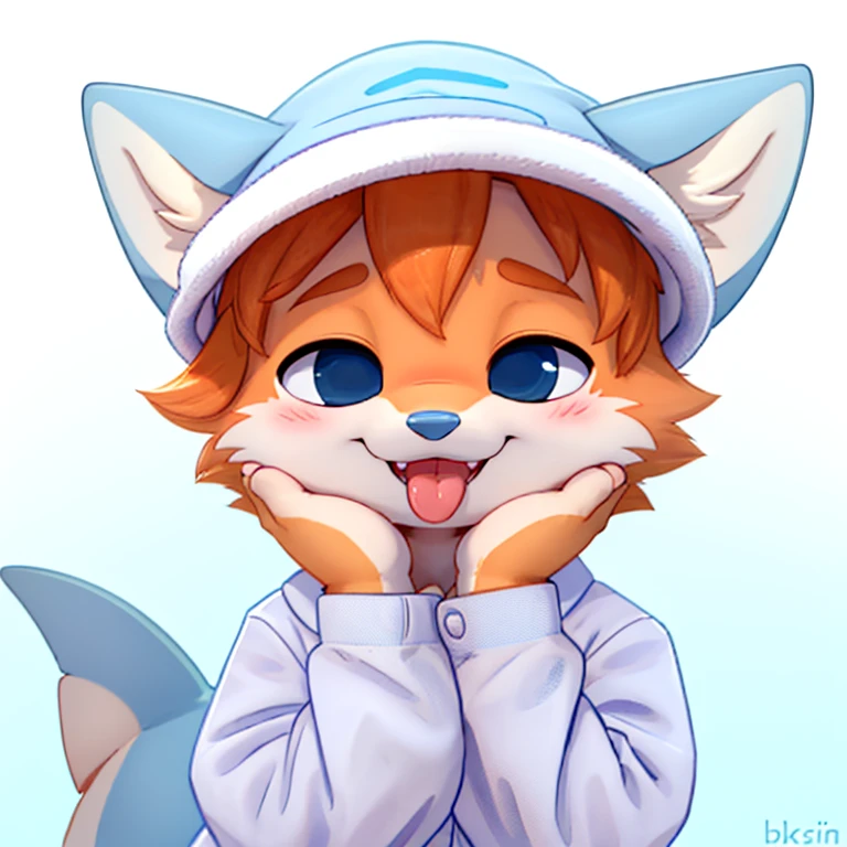 Anthropomorphic young male light orange fox, eyes closed, tongue out, cute face, cute pose, wearing a light blue pijama and a light blue shark hat, standing, front view, solid color background, solo, digital art, hand touching face, closed hands, happy face, close up in face, tilted head
