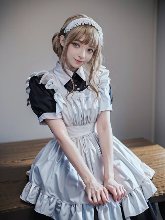 8K,Masterpiece,One woman,Smile,30 years old,blue eyes,Blonde Hair,Short Bob Hair,(Maid clothes),Ella Freya, a beautiful Dutch YouTuber(Ella Freya),Tokyo The city of Akihabara