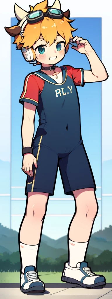 Second dimension boy ager,One-piece mountaineering suit,horn,Cow ears,Put the headphones on your head,stand up,goggles,sports shoes,Slim,Sailor collar,White knee socks,Short sleeve shorts,Leg ring,cute,happy