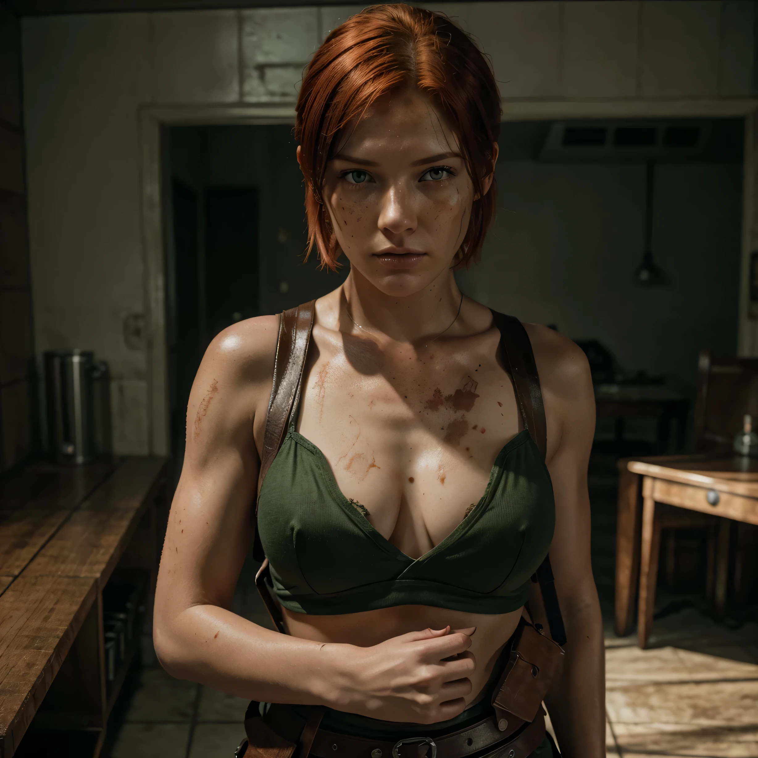 Crie uma imagem com Leon kennedy (resident evil 4 remake) ao lado de uma mulher jovem como ele, She has red hair, fair skin and green eyes with some freckles on her face and the scene behind her has to be a scene similar to that of Resident Evil 4 remake
