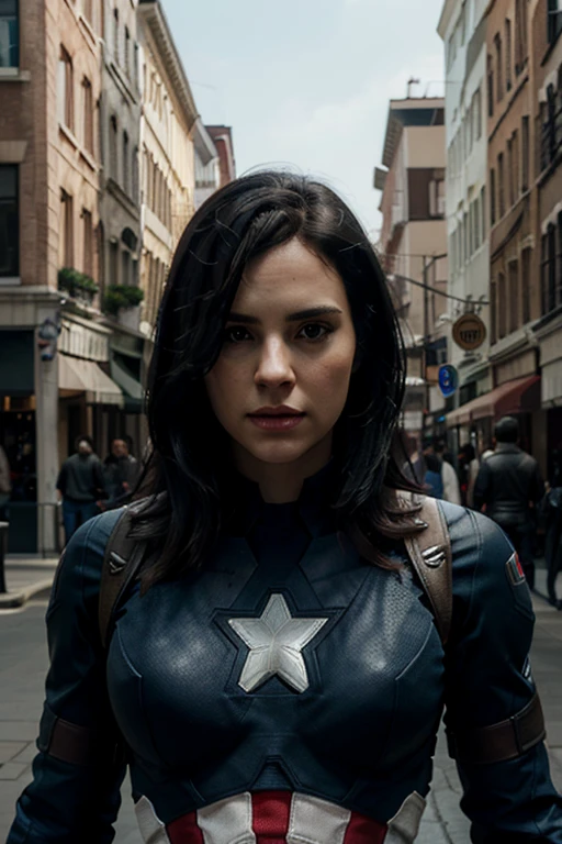 (best quality,ultra-detailed,photorealistic),captain america,woman,dark black hair,3D rendering