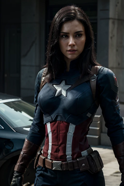(best quality,ultra-detailed,photorealistic),captain america,woman,dark black hair,3D rendering