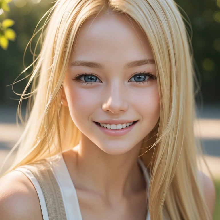 extremely closeup of blonde girl face, smiling, (grainy:0. 8), extremely detailed, (afternoon:1. 1), photorealistic, warm atmosphere, natural lighting, (solo:1. 3), (Masterpiece:1.3), (best quality:1.3),