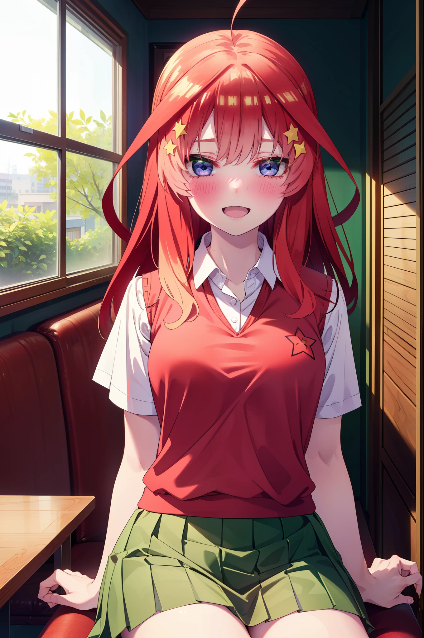 itsukinakano, Itsuki Nakano, bangs, blue eyes, Hair between the eyes, Ahoge, Redhead, star \(symbol\), hair ornaments, star hair ornaments,happy smile, smile, Open your mouth,blush,
break skirt, shirt, , clavicle, white shirt, Short sleeve, Pleated skirt, socks, collared shirt, mini skirt, Knee-high, white socks, (Green Skirt:1.5), Sweater vest, (red Sweater vest:1.5),Brown loafers,There is a lot of food on the table,Viking,buffet,whole bodyがイラストに入るように,Sitting in a chair,
break looking at viewer, whole body,
break indoors, restaurant,
break (masterpiece:1.2), highest quality, High resolution, unity 8k wallpaper, (shape:0.8), (Beautiful details:1.6), Highly detailed face, Perfect lighting, Extremely detailed CG, (Perfect hands, Perfect Anatomy),