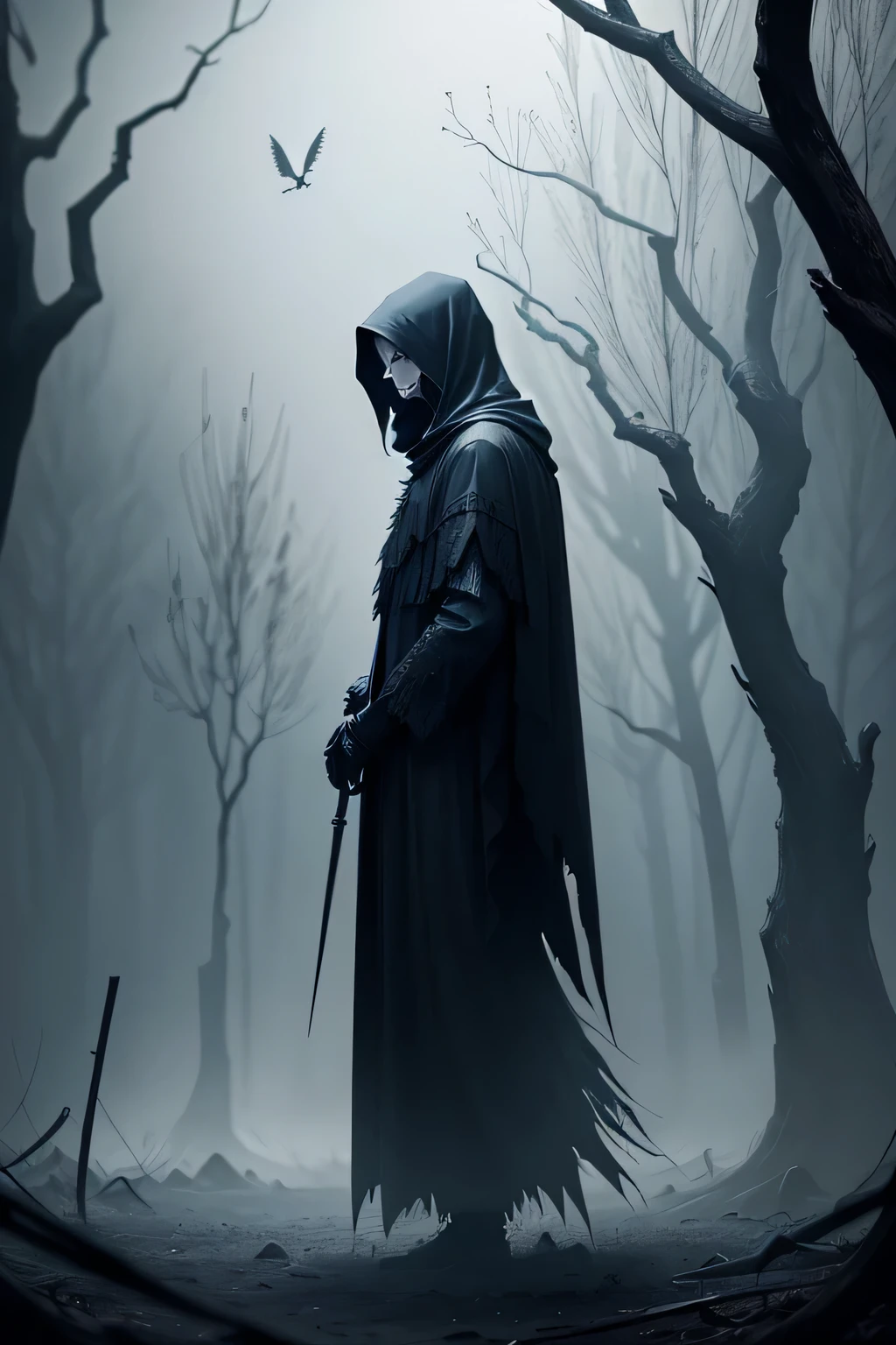 Black Reaper,Death standing in front of a tree,Birds flying around, Night Reaper!!!!, Reminds me of the Grim Reaper, Fantasy Dark Art, Dark Landscape, Dark Fantasy Art, Black Crow, An ominous fantasy illustration, Dark fantasy art, Dark Fantasy Artwork, Death is a terrible, Dark Hooded Ghost, The crow as a symbol of death