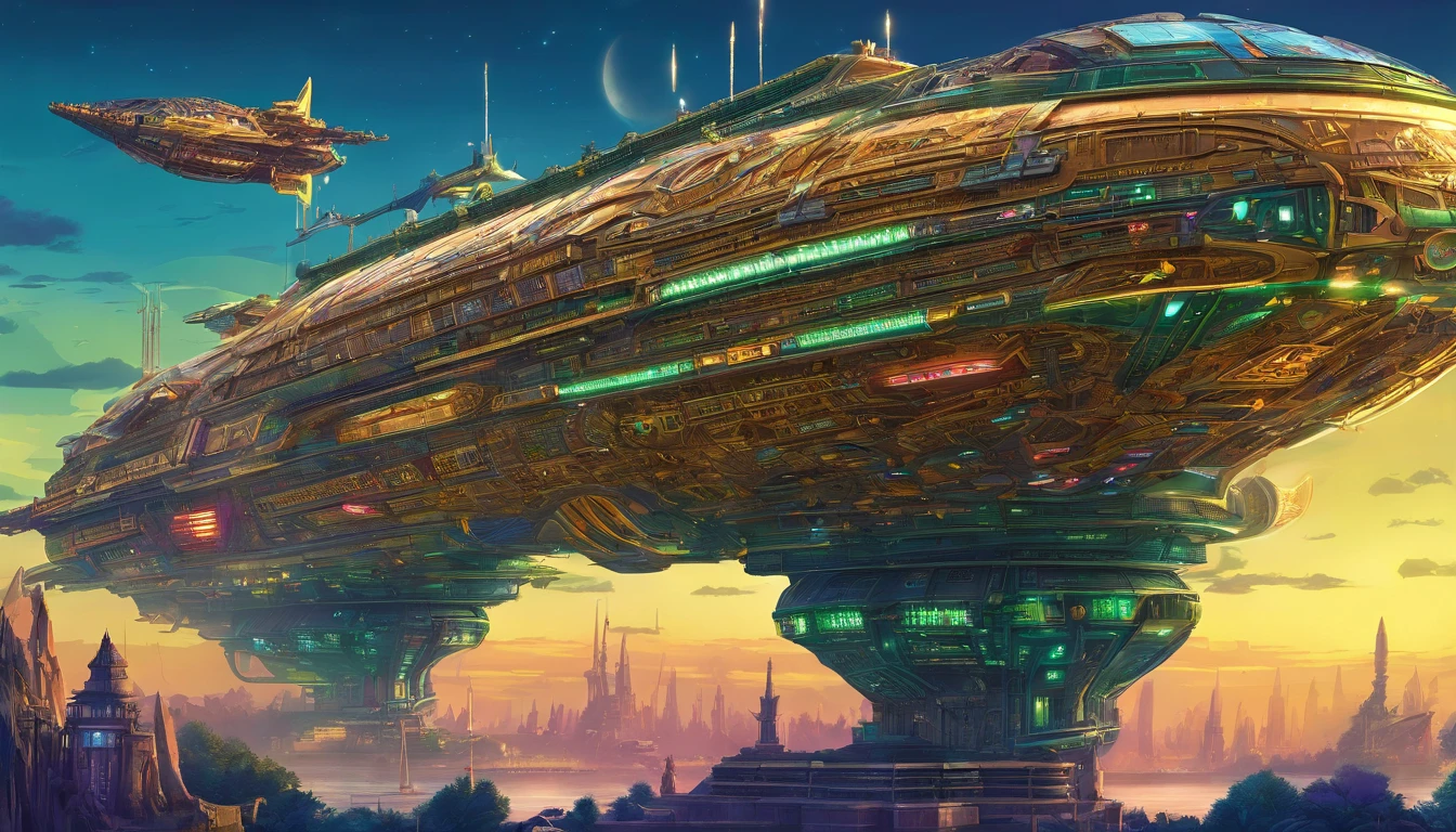 A amazingly detailed vision of a massive futuristic steampunk starship, in the style of Leonardo Da Vinci & Winslow Homer, with a dark gold coloring and adorned in forest green. The cream colored crystalline nacelles located, at the back of the ship , at a 75° angle with a 72 ft diameter emit a neon yellow light.The ship's bridge measuring 108 ft in length, 72 ft wide 36 ft high showcases an diamond shaped G'Quan Heavy Battle Cruiser (from Babylon 5)design. The middle section, resembling a cylindrical 1974 Winnebago, stretches 72' high, 288 ft long, and 144 ft wide, angled at 75° down from the main bridge. The base section is 90° down from the mid section It resembles 4 bulky storage containers merged into one. It measures a whopping 576' long, 864ft wide, & 288ft high The starship is set against a captivating Neptune-Earth-esque planet with six enchanting moons, surrounded by space station under construction, while orbiting it, and other ships that are traversing the cosmos. Isometric 