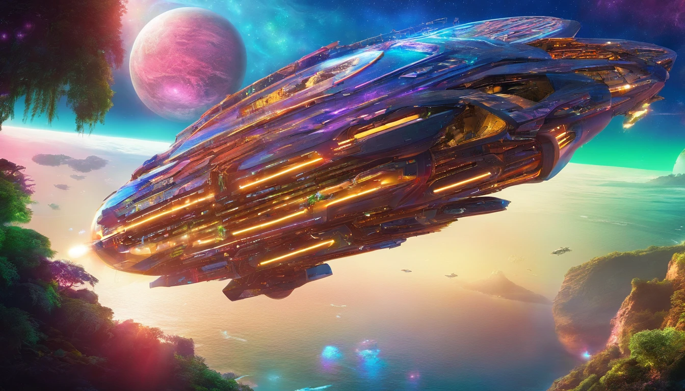 A amazingly detailed vision of a massive futuristic steampunk starship, in the style of Leonardo Da Vinci & Winslow Homer, with a dark gold coloring and adorned in forest green. The cream colored crystalline nacelles located, at the back of the ship , at a 75° angle with a 72 ft diameter emit a neon yellow light.The ship's bridge measuring 108 ft in length, 72 ft wide 36 ft high showcases an diamond shaped G'Quan Heavy Battle Cruiser (from Babylon 5)design. The middle section, resembling a cylindrical 1974 Winnebago, stretches 72' high, 288 ft long, and 144 ft wide, angled at 75° down from the main bridge. The base section is 90° down from the mid section It resembles 4 bulky storage containers merged into one. It measures a whopping 576' long, 864ft wide, & 288ft high The starship is set against a captivating Neptune-Earth-esque planet with six enchanting moons, surrounded by space station under construction, while orbiting it, and other ships that are traversing the cosmos. Isometric