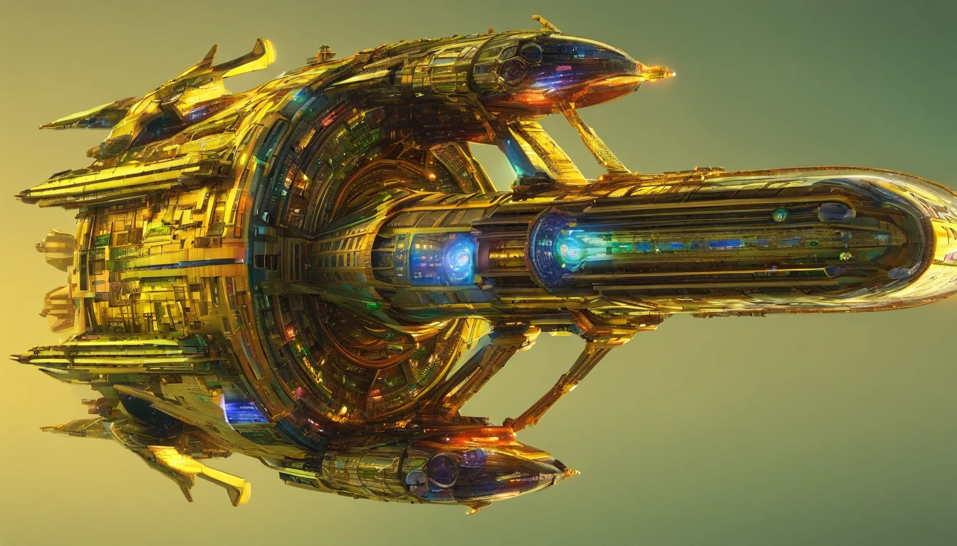 A amazingly detailed vision of a massive futuristic steampunk starship, in the style of Leonardo Da Vinci & Winslow Homer, with a dark gold coloring and adorned in forest green. The cream colored crystalline nacelles located, at the back of the ship , at a 75° angle with a 72 ft diameter emit a neon yellow light.The ship's bridge measuring 108 ft in length, 72 ft wide 36 ft high showcases an diamond shaped G'Quan Heavy Battle Cruiser (from Babylon 5)design. The middle section, resembling a cylindrical 1974 Winnebago, stretches 72' high, 288 ft long, and 144 ft wide, angled at 75° down from the main bridge. The base section is 90° down from the mid section It resembles 4 bulky storage containers merged into one. It measures a whopping 576' long, 864ft wide, & 288ft high The starship is set against a captivating Neptune-Earth-esque planet with six enchanting moons, surrounded by space station under construction, while orbiting it, and other ships that are traversing the cosmos. Isometric