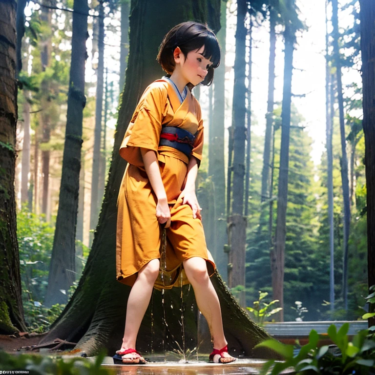 Girl standing in the forest,Short kimono dress,,Beautiful thighs,Embarrassed,To pee,Peeing,The spirit is thriving,Wearing Sandals