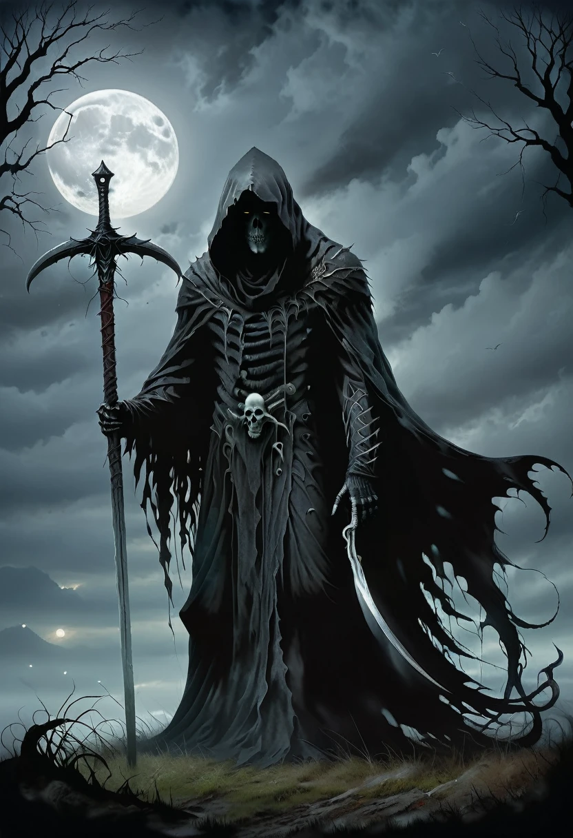 (best quality,highres),detailed reaper with scythe,ominous atmosphere,dark fantasy,gothic style,heavy shadows,misty fog,moonlit night,rustling leaves,sinister presence,mysterious figure,sharp sickle,hooded cloak,ethereal glow,ominous sky,chilling wind,ominous aura,gloomy setting,whispering echoes,haunting landscape,spectral beauty,color contrast,dramatic composition,spooky vibes,dark imagery.