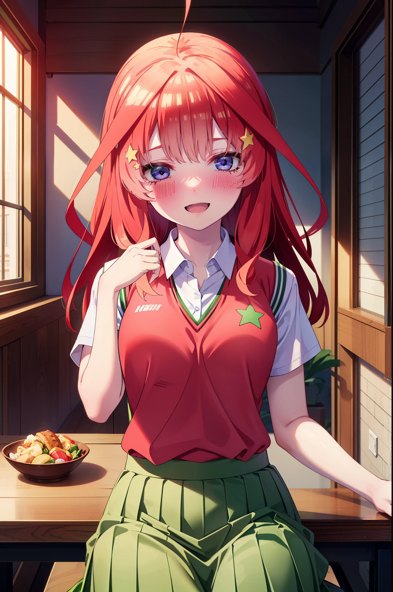 itsukinakano, Itsuki Nakano, bangs, blue eyes, Hair between the eyes, Ahoge, Redhead, star \(symbol\), hair ornaments, star hair ornaments,happy smile, smile, Open your mouth,blush,
break skirt, shirt, , clavicle, white shirt, Short sleeve, Pleated skirt, socks, collared shirt, mini skirt, Knee-high, white socks, (Green Skirt:1.5), Sweater vest, (red Sweater vest:1.5),Brown loafers,There is a lot of food on the table,Viking,buffet,whole bodyがイラストに入るように,Sitting in a chair,
break looking at viewer, whole body,
break indoors, restaurant,
break (masterpiece:1.2), highest quality, High resolution, unity 8k wallpaper, (shape:0.8), (Beautiful details:1.6), Highly detailed face, Perfect lighting, Extremely detailed CG, (Perfect hands, Perfect Anatomy),