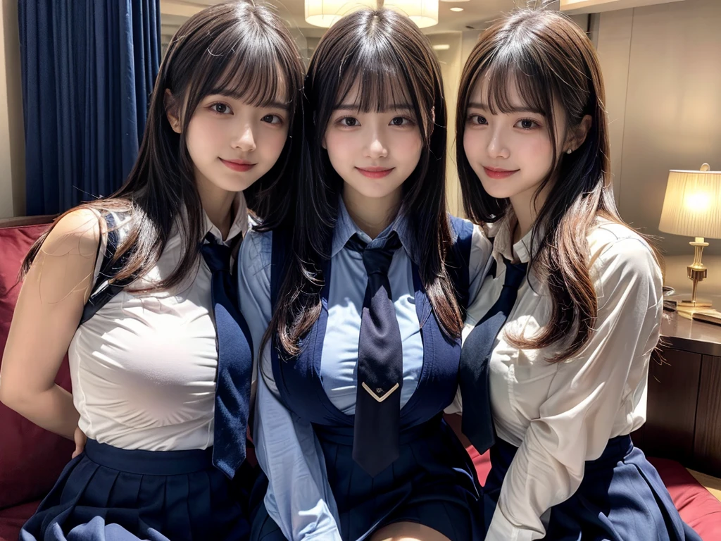 (8K, Raw photography, top-quality, ​masterpiece:1.2),  ((3 beatiful girls))、.（Realistic Skins 1.4）、（（（female high-school student、School Uniforms、）））、{{‎(The background is a luxury hotel room}}（（School Uniforms、white Cutter shirt、darkblue pleatedskirt))、（(long hair)）、（A dark-haired、The forehead is hidden by bangs、）、Black eyes、shinny skin.Beautiful delicate face、Beautiful delicate eyes、｛Voluptuous body shape、Thicker thighs｝、One piercing in each ear、((smile:1.3)),((large breasts)), ((navy blue tie)) ,looking at camera, ((close up))