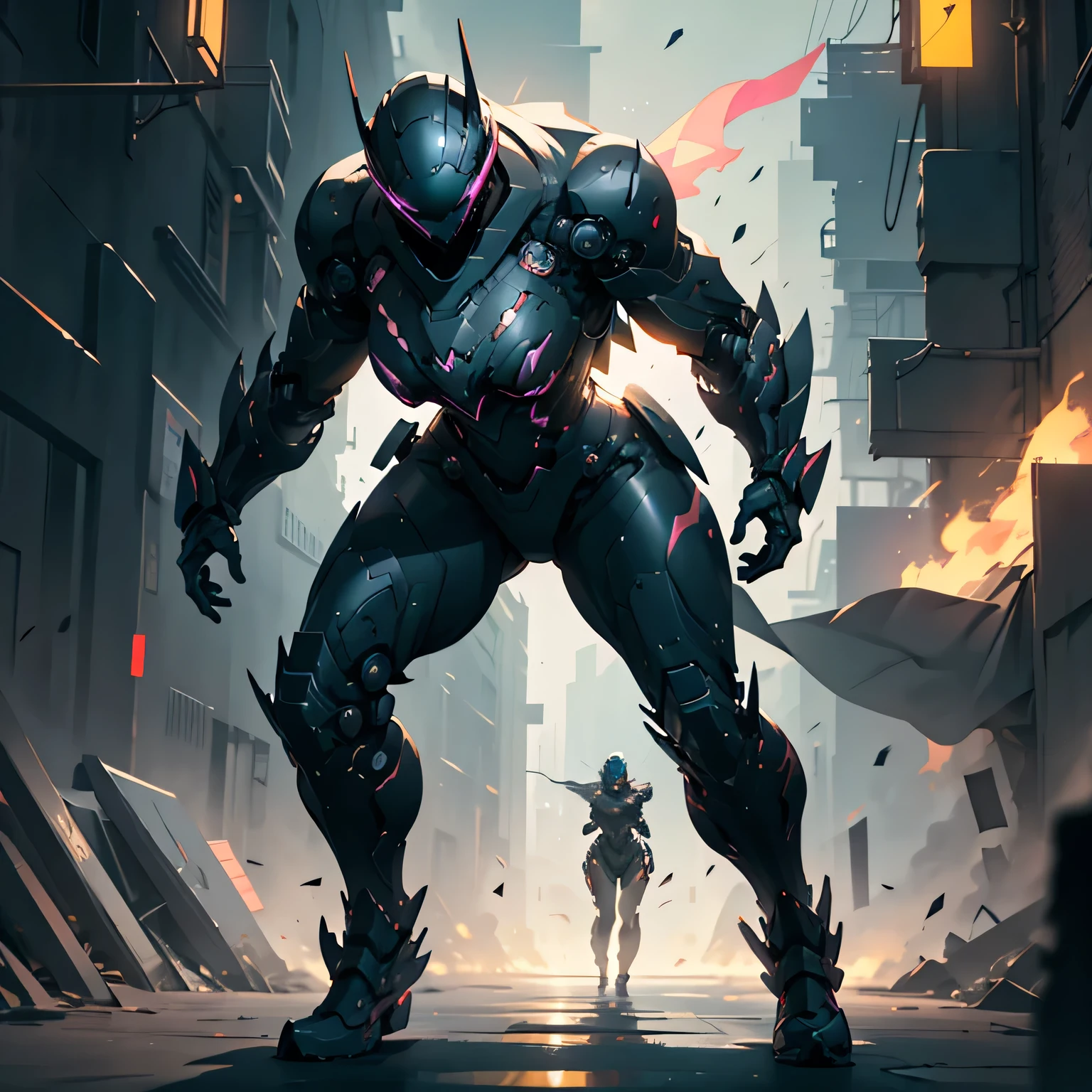 1 woman, armor, Stealth pose, Photorealistic, Hyper realistic, Hyperdetailed, analog style, demure, low cut, soft lighting, subsurface scattering, realistic, heavy shadow, masterpiece, best quality, ultra realistic, 8k, golden ratio, Intricate, High Detail, film photography, soft focus, blurry background, Mech Suit, Pink and Black, Female schematics, Full Body, Helmet On, Full Body Suit, Slim Fit