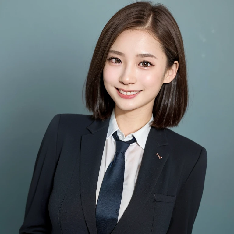 NSFW, (kawaii 24 year-old Japanese female, Nogizaka idol, Korean idol), (glossy brown hair, very short hair, forehead:1.3), (beautiful black eyes, rounded face, single eyelid, no makeup, splash laughing:1.3), (wearing suit jacket, collared shirt, necktie:1.3), (extra small breasts:0.9), BREAK, (simple blue background:1.3), (view from forward, bust shot, wide shot, id photo:1.3), BREAK, (masterpiece, best quality, photo realistic, official art:1.4), (UHD, 8K quality wallpaper, high resolution, raw photo, golden ratio:1.3), (shiny skin), professional lighting, physically based rendering, award winning, (highly detailed skin, extremely detailed face and eyes), Carl Zeiss 85 mm F/1.4, depth of field, (1girl, solo),