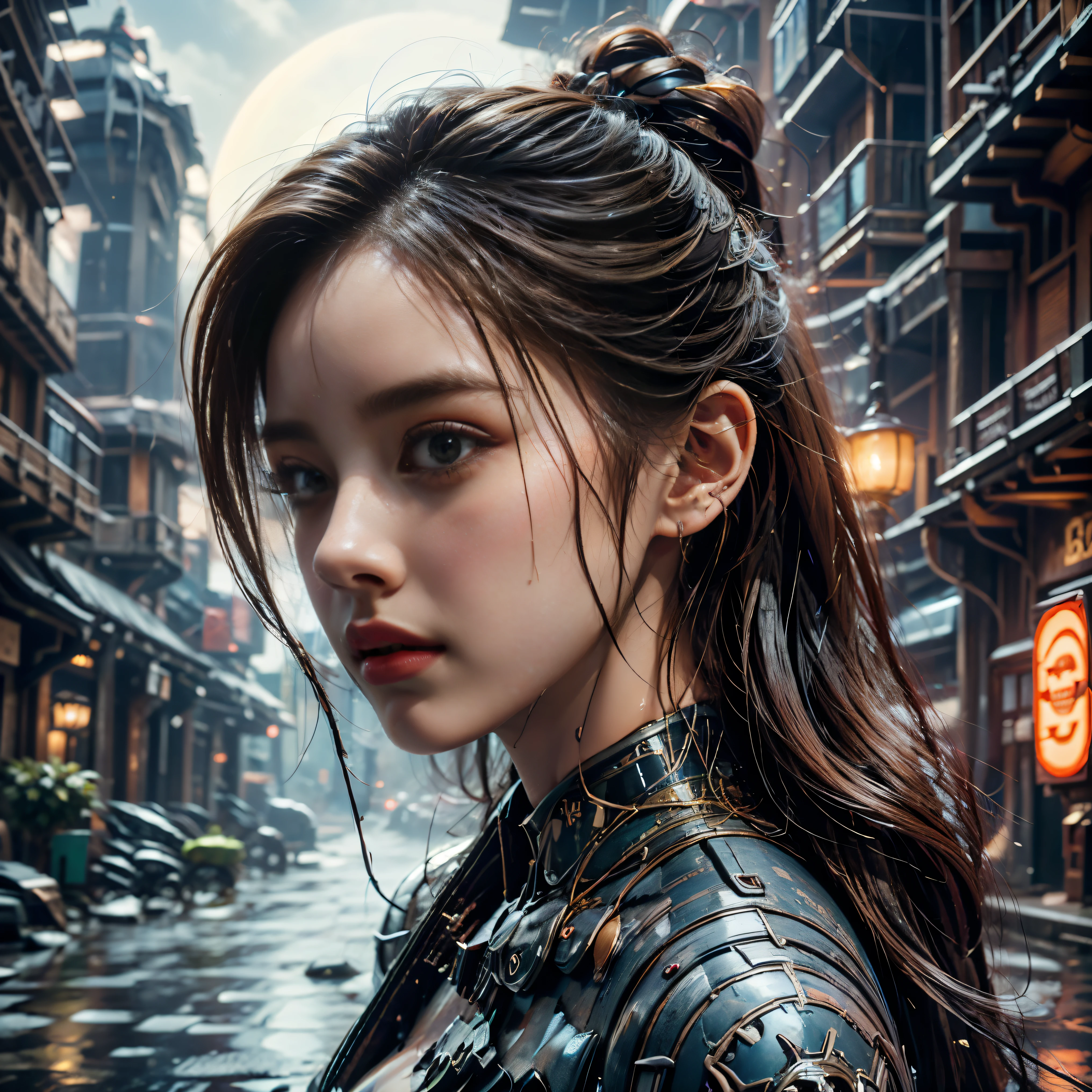 (highest quality、4K、8k、High resolution、masterpiece: 1.2)、Very detailed、(Genuine、Realistic、Realistic: 1.37)、photograph、(Front and side close-up of face:1.*******ung and very beautiful woman))、The woman is wearing protective clothing、(Ride a motorcycle and race)、(Leaning the motorcycle into a corner)、(Flowing hair and flowing clothes、background、Motion Blur Effect:1.37)、spark、Incandescent bulb、Neon color、Future City、Vibrant Street、Light reflections on wet sidewalk、Skyscraper、Sculptural architecture、Holographic Signage、Stylish and sophisticated design、Blurred motion of speeding cars、energy and excitement in the air、(Windy atmosphere)、Moonlit cityscape、The motorcycle of the future、COMG3O、mecha